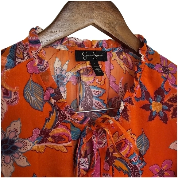 Jessica Simpson boho floral orange puff sleeve top size large - Picture 4 of 9